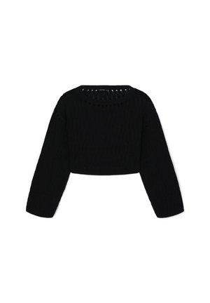 Schwarzer, kurz geschnittener Pullover mit einem runden Halsausschnitt, langen Ärmeln und einem strukturierten Strickdesign, das durchgängige offene Maschenakzente aufweist.