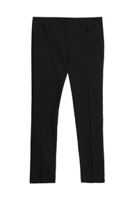 Pantaloni neri realizzati in un tessuto morbido, con una vestibilità slim, davanti piatto e tasche laterali discrete, con orlo dritto.