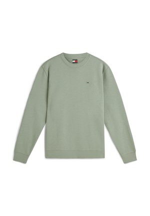 Hellgrünes Sweatshirt mit Rundhalsausschnitt und langen Ärmeln, mit kleinem Tommy Hilfiger Flaggenlogo auf der Brust und einem Nackenetikett.