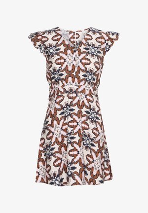 Abito floreale con maniche arricciate, caratterizzato da uno sfondo crema e motivi marrone, blu navy e rosa. Gonna svasata e dettaglio a chiave sulla schiena.