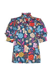 Blumenbluse mit hochgerüschtem Kragen, kurzen Puffärmeln, auf navyfarbenem Grund und bunten Blumen- und Blättermustern.