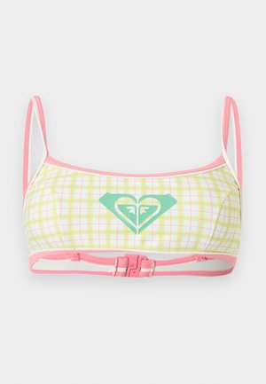 Haut de bikini à carreaux jaunes et roses avec fines bretelles roses et un logo en forme de cœur bleu sarcelle centré sur le devant.