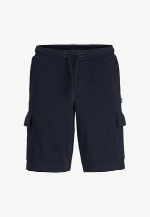 Sweatshirt marine et shorts assortis en tissu doux. Le sweatshirt a un col rond et des manches longues ; les shorts présentent des poches latérales et une taille élastique.