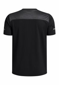 T-shirt de sport noir à manches courtes avec un panneau texturé gris foncé sur le haut du dos et des bandes réfléchissantes sur les manches, vu de l'arrière.