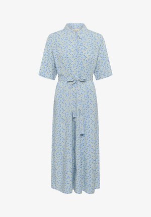 Rochie albastră deschisă cu mâneci scurte, cu un decolteu cu nasturi, model floral în nuanțe de albastru și galben, și detaliu cu șnur la talie.