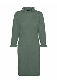 Robe tricotée verte à manches longues, col à volants et poignets volantés. Design simple et droit ; texture douce avec une finition lisse.