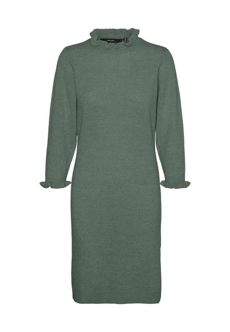 Robe tricotée verte à manches longues, col à volants et poignets volantés. Design simple et droit ; texture douce avec une finition lisse.