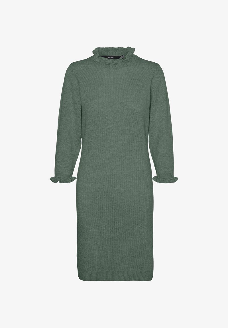 Robe tricotée verte à manches longues, col à volants et poignets volantés. Design simple et droit ; texture douce avec une finition lisse.