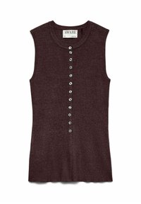 Bezruký žebrovaný pletený top v tmavě hnědé barvě s kulatým výstřihem a svislým řádkem malých knoflíků uprostřed přední části.