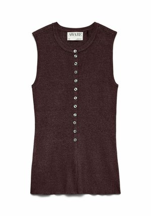 Brązowy, ciemny top bez rękawów wykonany ze ściągaczowego dziania, z okrągłym dekoltem i pionowym rzędem małych guzików na środku frontu.