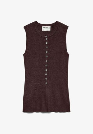 Ärmelloses, geripptes Stricktop in Dunkelbraun mit rundem Ausschnitt und einer vertikalen Reihe kleiner Knöpfe in der vorderen Mitte.