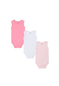 Tre body senza maniche per neonati: uno rosa, uno bianco e uno rosa chiaro. Materiale in cotone morbido con chiusure a pressione sul fondo.