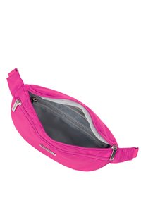 Borsa vita fucsia realizzata in tessuto resistente, con chiusura con zip, tracolla regolabile e rivestimento interno grigio con una piccola tasca.