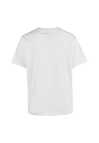 Weißes Baumwoll-T-Shirt mit Rundhalsausschnitt, kurzen Ärmeln und geradem Saum. Keine sichtbaren Muster oder Grafiken auf der Rückseite.