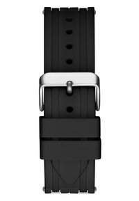Černý gumový řemínek na hodinky se stříbrnou kovovou sponou, který obsahuje více otvorů pro nastavení a texturovaný povrch pro lepší úchop.