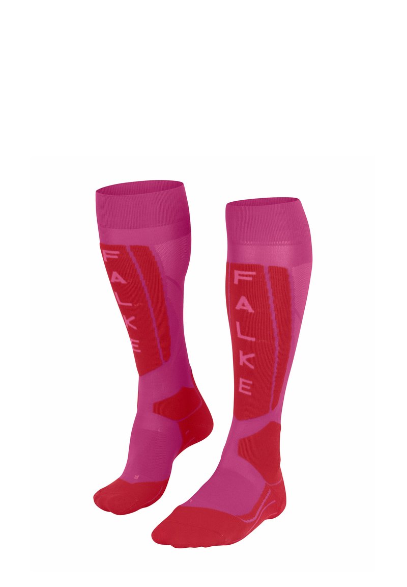 Calze alte fino al ginocchio in un vivace rosa e rosso, con una texture liscia e un audace marchio "FALKE". Progettate per comfort e supporto.