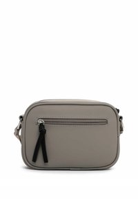 Szara torebka na ramię z sztucznej skóry o prostokątnym kształcie, z regulowanym paskiem, przednią kieszenią na suwak oraz czarnym suwakiem.