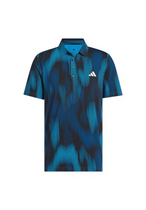 Polo de manga corta en azul y negro con rayas verticales y patrones abstractos. Cuenta con cuello y tapeta de tres botones.