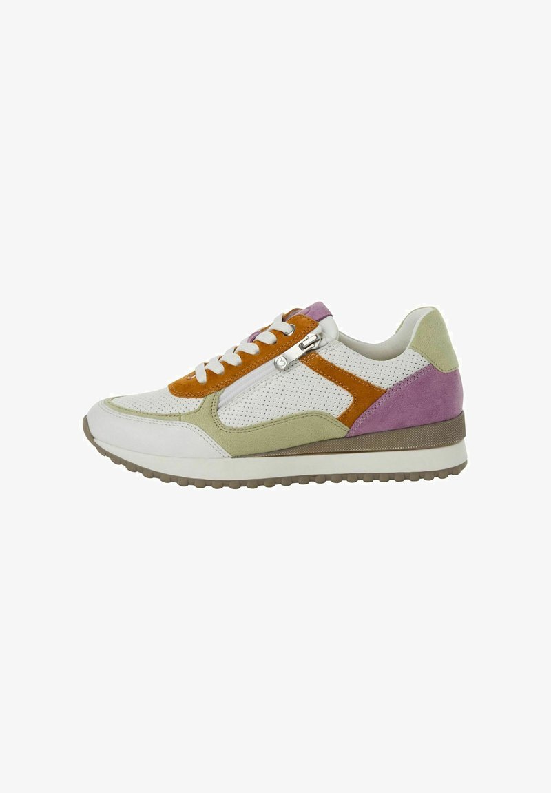 Sneaker z wiązaniami z białą perforowaną skórzaną cholewką, z pomarańczowymi, zielonymi i fioletowymi akcentami z zamszu oraz gumową podeszwą. Posiada boczny zamek.