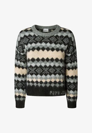 Gebreide trui met een ronde halslijn, geometrische patronen in zwart, grijs en crème, en geribbelde manchetten en zoom. Zachte textuur.
