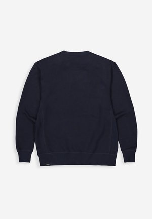 Marineblauwe crewneck-trui van zachte katoenmix; voorzien van geribbelde manchetten en zoom, eenvoudig ontwerp zonder zichtbare patronen of accenten.