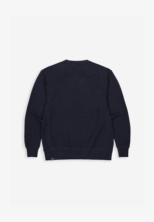 Marineblauwe crewneck-trui van zachte katoenmix; voorzien van geribbelde manchetten en zoom, eenvoudig ontwerp zonder zichtbare patronen of accenten.