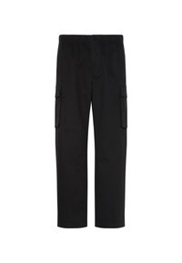 Pantalon cargo noir à jambe droite avec taille élastique, fermeture par bouton et poches à rabat sur les deux cuisses, présenté sur fond blanc.