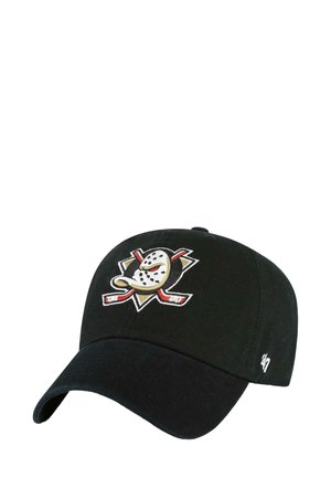 Black baseball cap with a vintage Anaheim Ducks logo featuring a hockey mask and crossed sticks on the front.