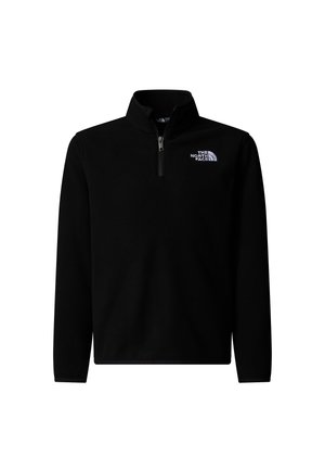 Black fleece pullover with a high collar and quarter zip. Features the white logo of The North Face on the upper left side. Soft texture.