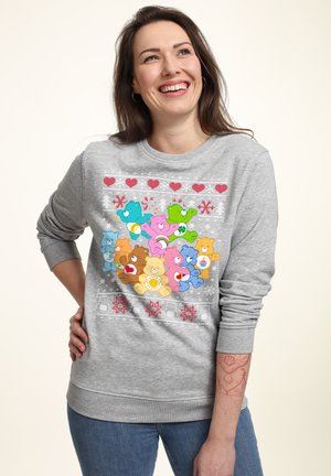 Grijze sweatshirt met meerkleurige cartoonberen, sneeuwvlokken en harten. Voorzien van geribbelde manchetten en onderkant; casual pasvorm, zachte textuur.