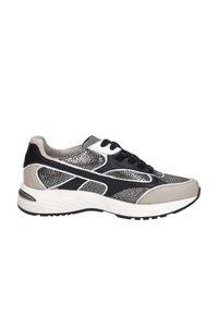 Sport sneakers with a mix of black, white, and gray materials. Features textured panels, a cushioned sole, and a lace-up front design.
