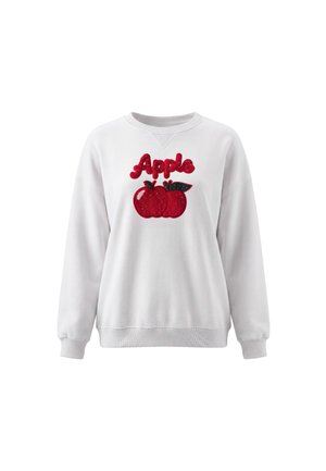 Hvid langærmet sweatshirt med rød paliettekst "Apple" og to røde pailletæbler med grønne blade foran.