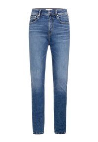 Světle modré džíny s úzkým střihem, které maj í pět kapes, zipový rozkrok a jemné vyblednutí podél stehen a u hemu.