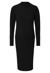 Schwarzes geripptes Kleid mit langen Ärmeln, hohem Kragen und seitlicher Raffung. Figurbetonte Silhouette, die bis zur Kniehöhe reicht. Glatte Textur.
