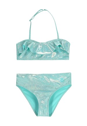 Błyszczący turkusowy zestaw bikini z falbaniastym topem bandeau oraz dopasowanym wysokim dołem, obydwa z błyszczącą teksturą.