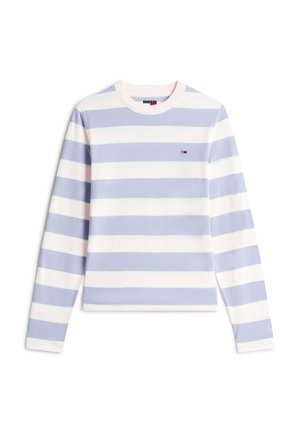 Lange mouwen katoenen top met afwisselende lichtblauwe en witte strepen, ronde halslijn en klein logo op de borst. Zachte textuur.