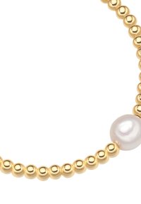 Goldene Perlenarmband mit einer zentralen weißen Perle. Glänzende runde Perlen wechseln sich in der Größe ab und schaffen ein texturiertes Erscheinungsbild.