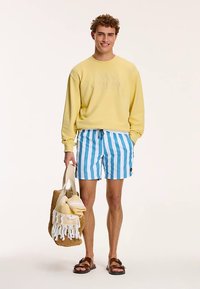 Sudadera amarillo claro, pantalones cortos de baño a rayas azules y blancas, sandalias marrones, sosteniendo una bolsa tejida con una toalla y artículos de playa.