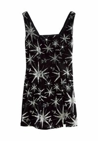 Fekete ujjatlan ruha ezüst csillagrobbanásos flittermintákkal egyenletesen elosztva az anyagon, négyzet alakú dekoltázzsal és rövid szegéllyel.