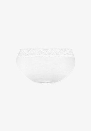Bílé bavlněné kalhotky s krajkovým páskem v pase, s hladkou texturou a klasickým střihem s plným pokrytím.
