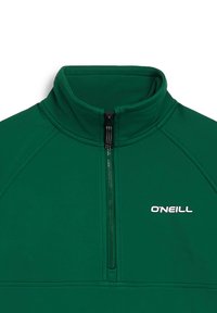 Groene pulloverjack gemaakt van gladde stof, met een halflange ritssluiting, hoge kraag en wit "O'Neill" logo op de voorkant.