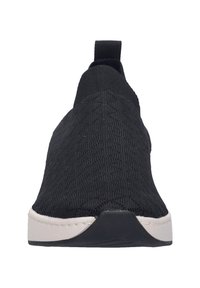 Schwarzer Slipper aus strukturiertem Strickstoff. Verfügt über eine weiße Gummisohle und eine Zuglasche an der Rückseite für ein einfaches Anziehen.