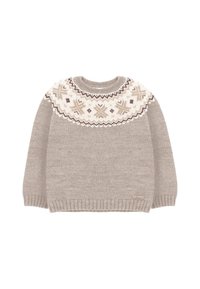 Suéter de punto beige claro con un yugo estampado en crema, marrón claro y marrón oscuro. Cuello redondo y dobladillo acanalados con detalle de etiqueta lateral.