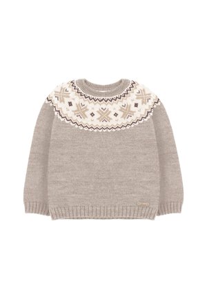Suéter de punto beige claro con un yugo estampado en crema, marrón claro y marrón oscuro. Cuello redondo y dobladillo acanalados con detalle de etiqueta lateral.