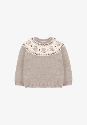 Suéter de punto beige claro con un yugo estampado en crema, marrón claro y marrón oscuro. Cuello redondo y dobladillo acanalados con detalle de etiqueta lateral.