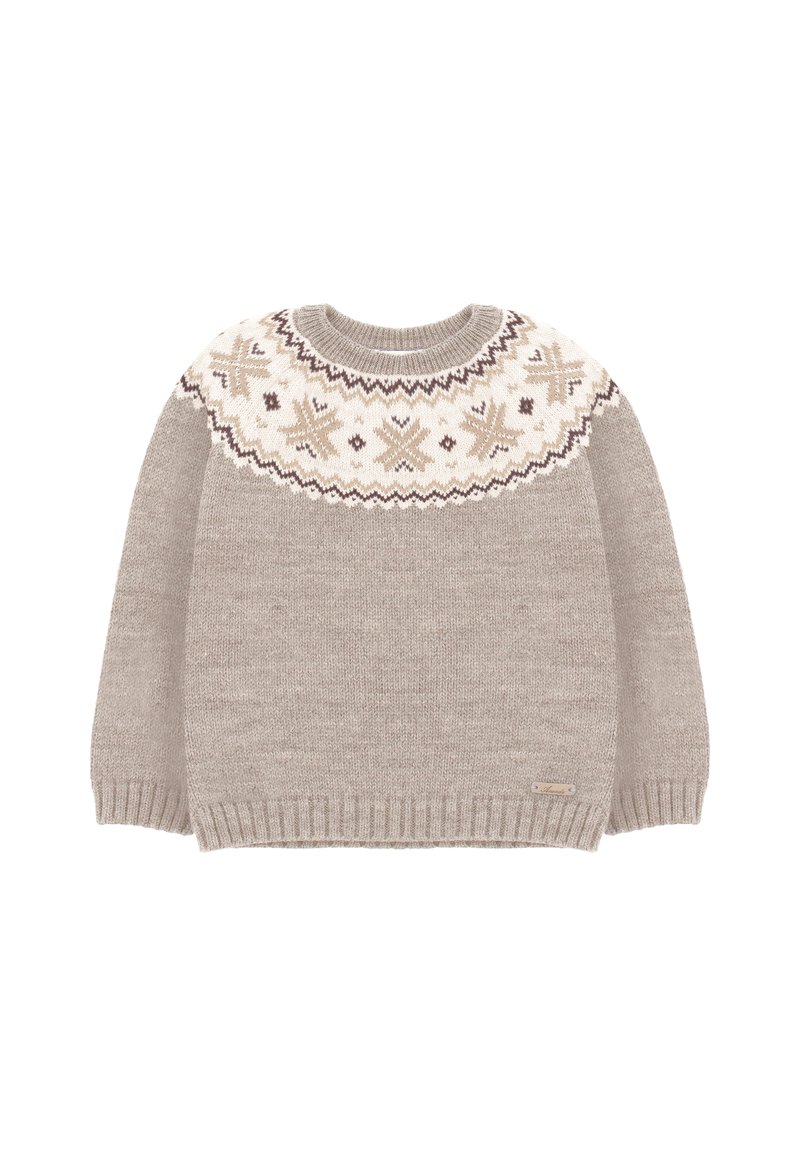 Suéter de punto beige claro con un yugo estampado en crema, marrón claro y marrón oscuro. Cuello redondo y dobladillo acanalados con detalle de etiqueta lateral.