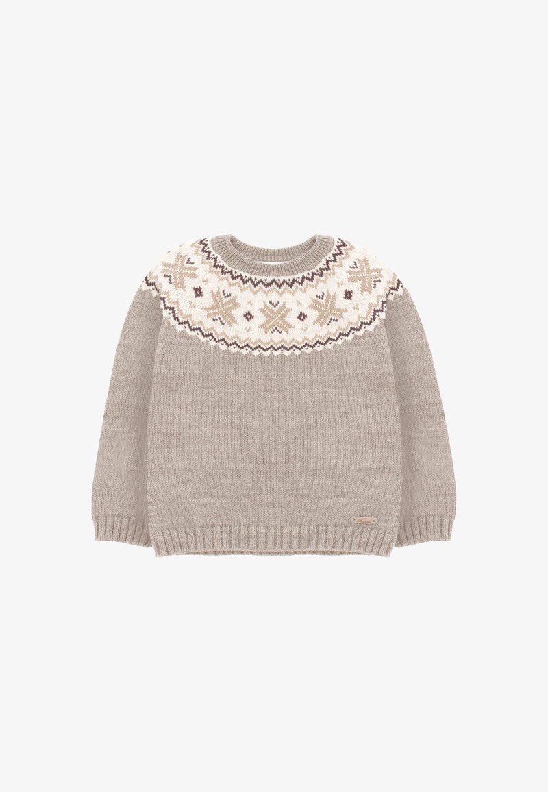 Suéter de punto beige claro con un yugo estampado en crema, marrón claro y marrón oscuro. Cuello redondo y dobladillo acanalados con detalle de etiqueta lateral.