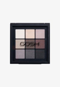 Palette de fards à paupières de neuf couleurs comprenant des nuances variées de blanc, crème, gris et noir, avec des finitions mates et satinées, présentée dans un étui noir.