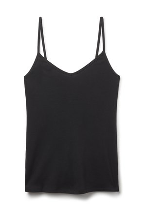 Svart ärmlös linne med tunna axelband, v-ringad design, tillverkad av slät tyg, med en enkel, minimalistisk skärning och utan ytterligare mönster.