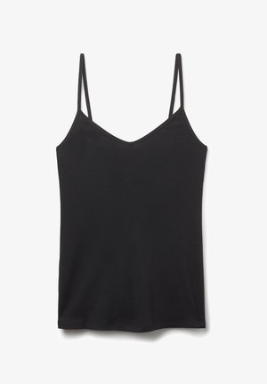 Zwarte mouwloze tanktop met dunne bandjes, V-halsontwerp, gemaakt van gladde stof, met een eenvoudige, minimalistische snit en zonder extra patronen.